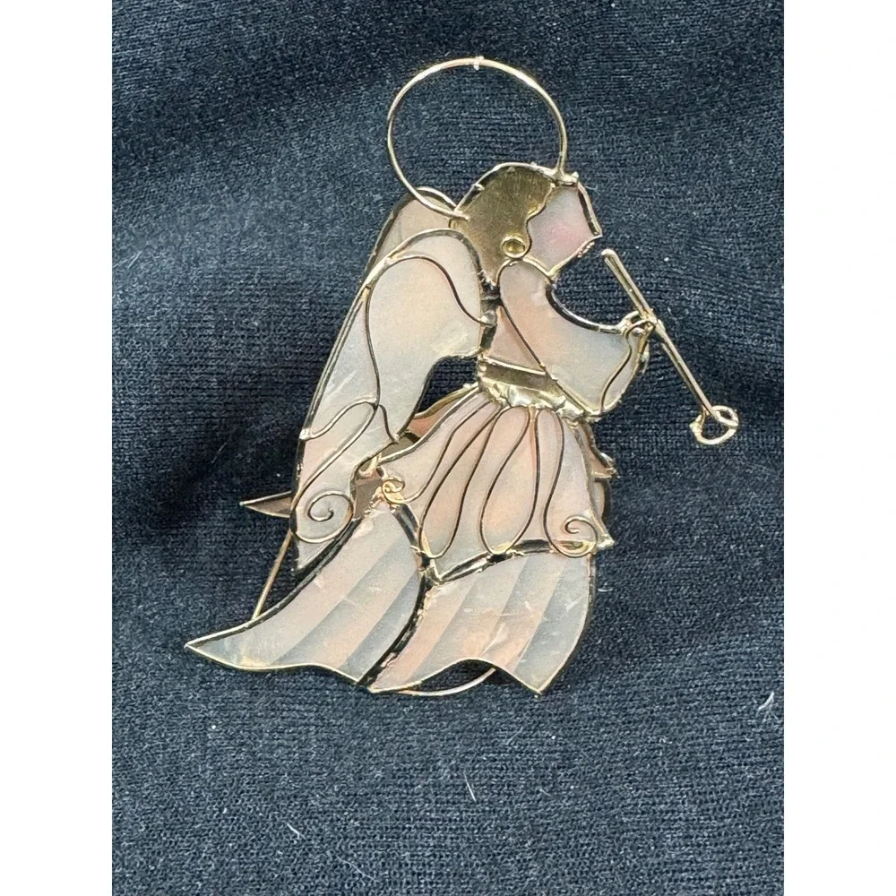 Vintage Iridescent Stained Glass Style Angel Trumpet Figurine Gold Wire Decor